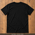 Black Gildan Softstyle 64000 t-shirt, back, flat lay on a wooden floor