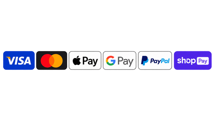 Accepted payment methods: Visa, Mastercard, Apple Pay, Google Pay, PayPal, Shop Pay